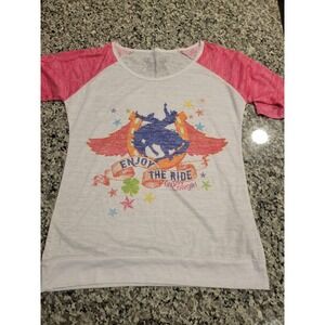 Gypsy Soule Womens Enjoy The Ride Raglan Graphic Tee Pink White Western Medium